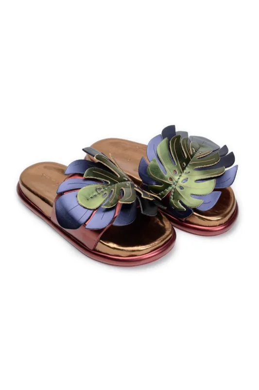 Bronze and Blue Monstera Anatomic Slide Sandal sold by FARM Rio