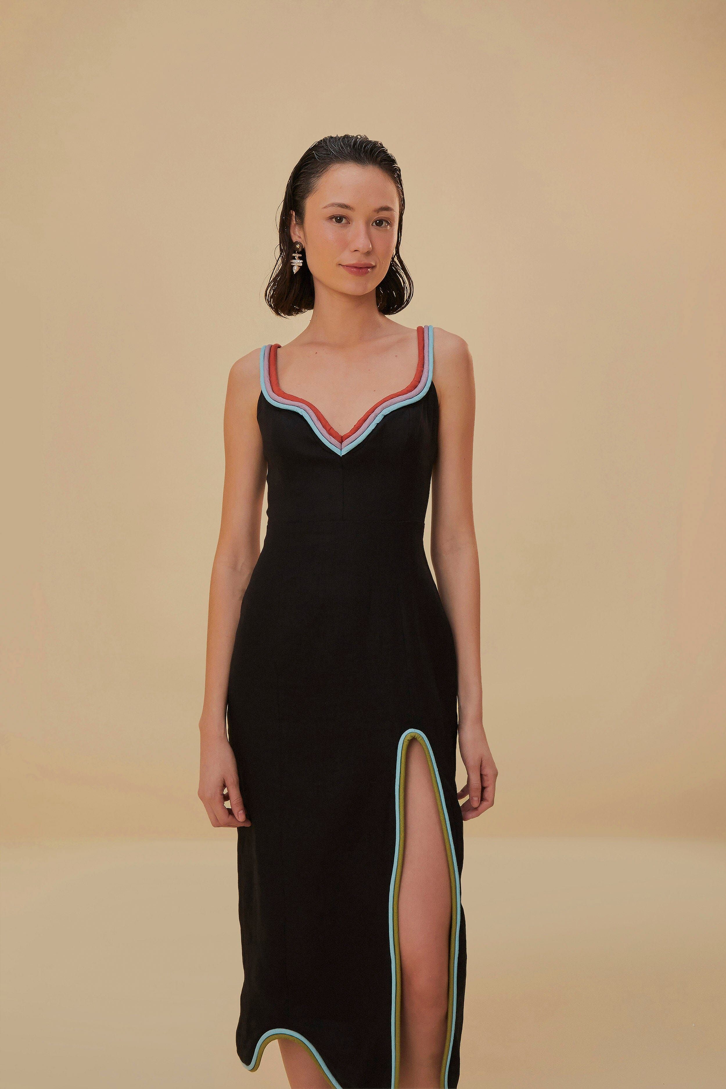Black Colored Piping Lenzing™ Ecovero™ Euroflax™ Midi Dress sold by FARM Rio product image thumbnail 2