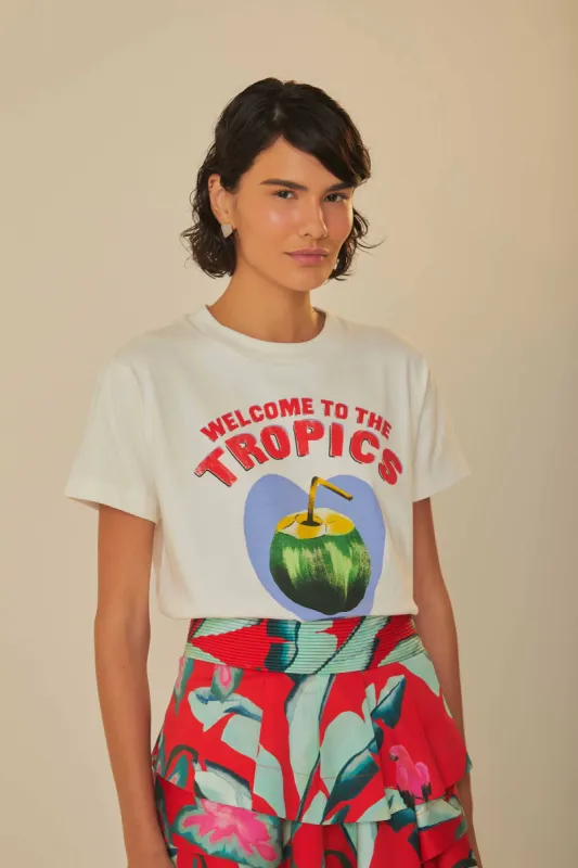 White Welcome To The Tropics Organic Cotton T-Shirt sold by FARM Rio