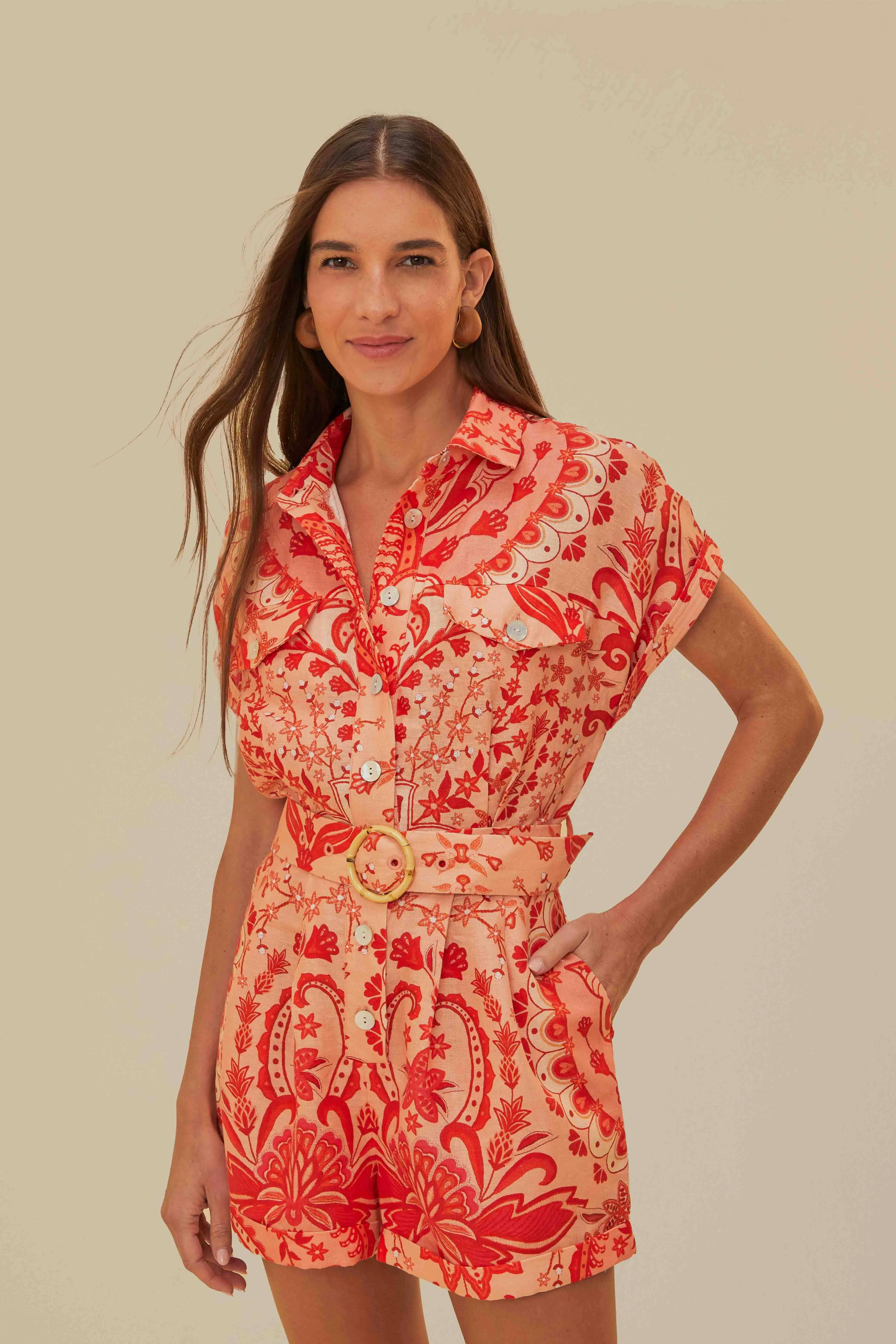 Red Jaipur Romper sold by FARM Rio