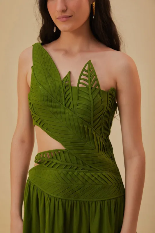 white christmas dresses Green Anthurium Leaves Cut-Out Euroflax™ Premium Linen Midi Dress main image 1
