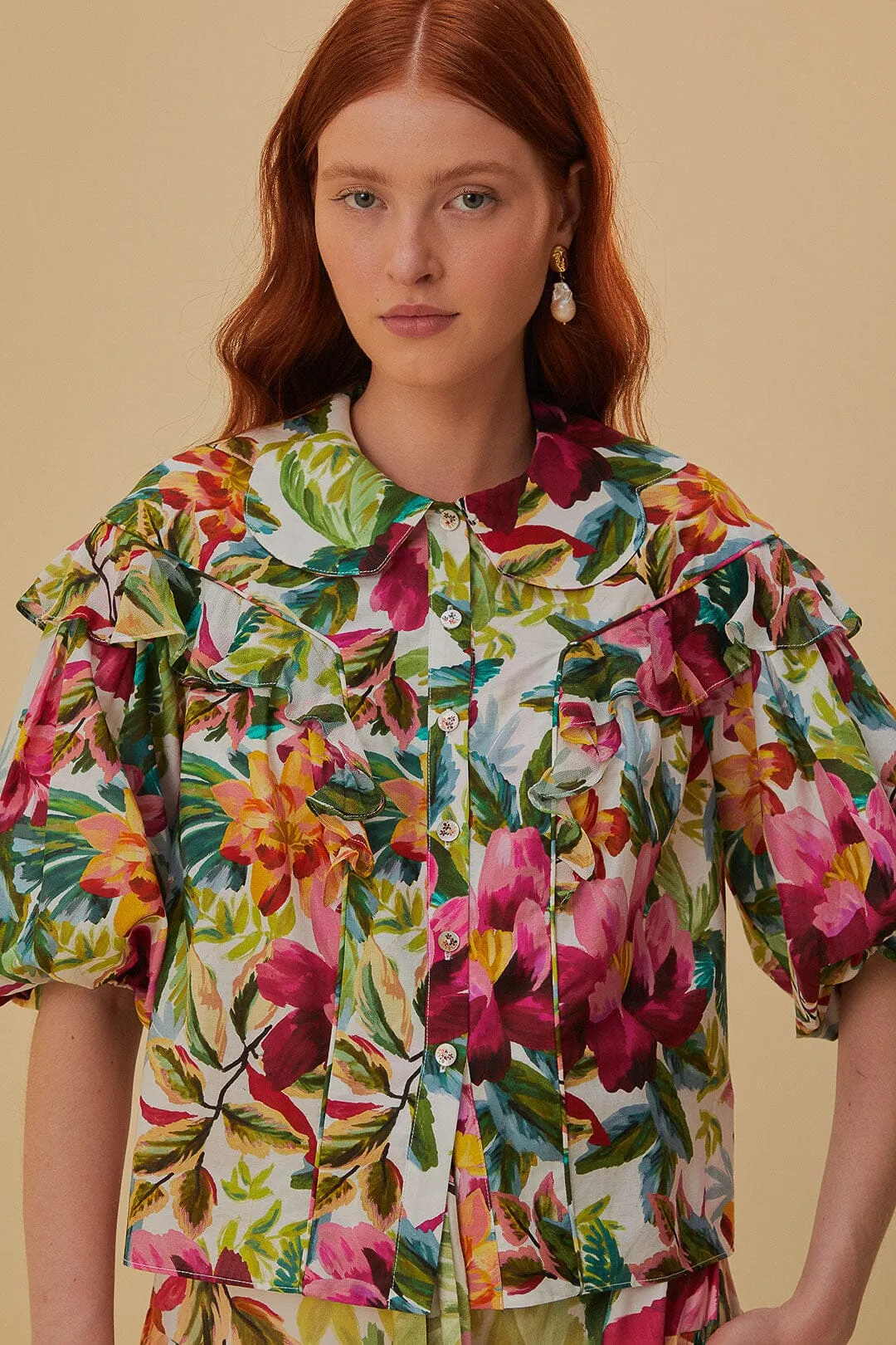 Off-White Painted Flowers Short Sleeve Blouse sold by FARM Rio