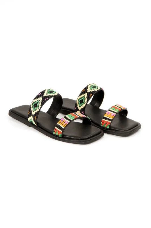 Black Beaded Square Toe Slide Sandal sold by FARM Rio