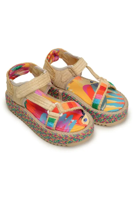 COLORFUL TOUCANS FLATFORM RAFFIA VELCRO SANDAL sold by FARM Rio