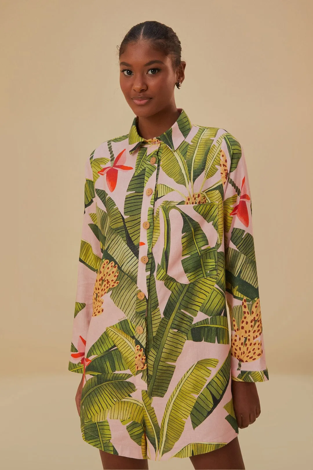 Pink Banana Leaves Lenzing™ Ecovero™ Euroflax™ Romper sold by FARM Rio