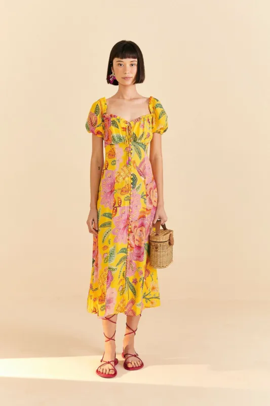 Yellow Macaw Bloom Puff-Sleeve Midi Dress sold by FARM Rio