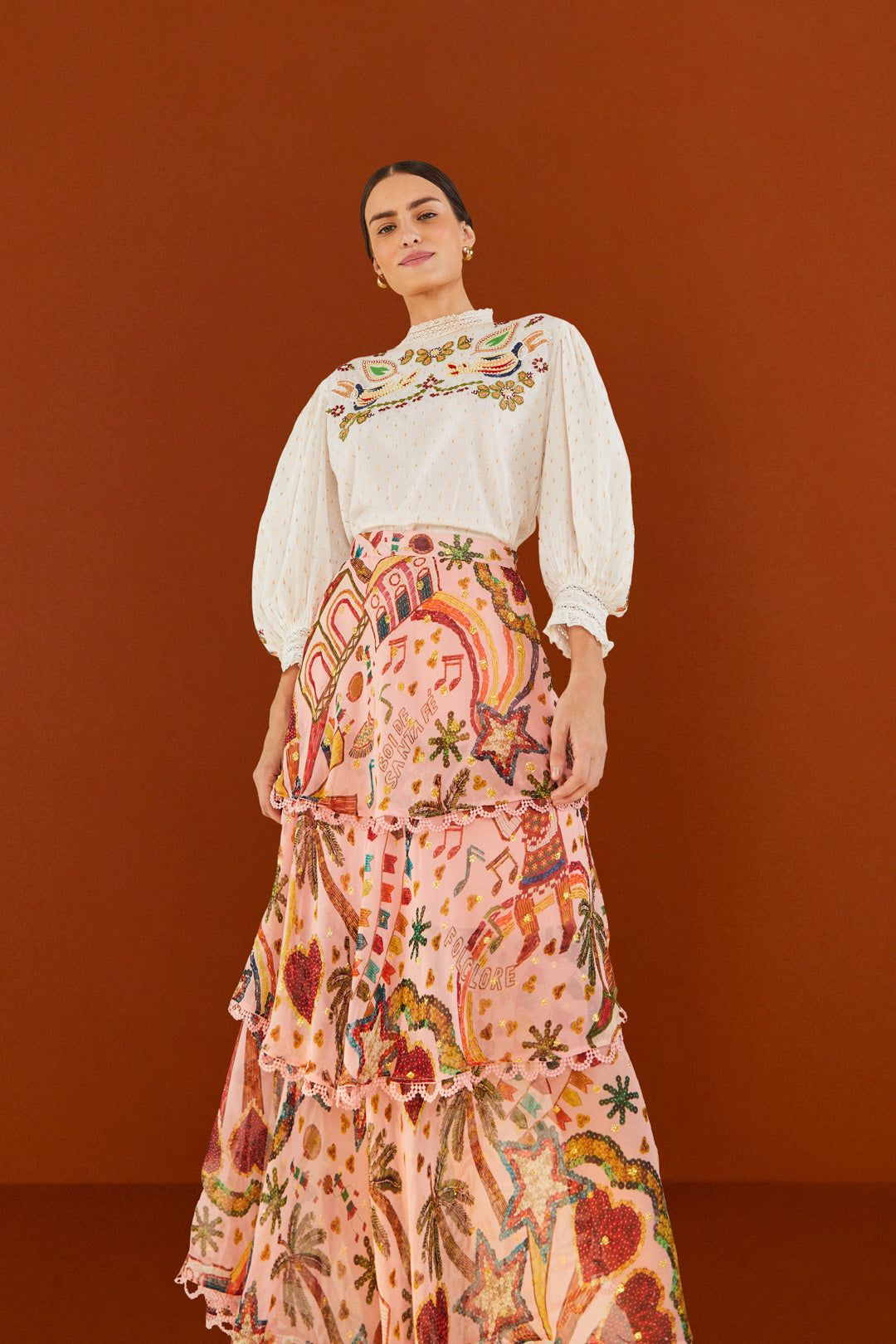 Pink Folk Party Layered Skirt sold by FARM Rio