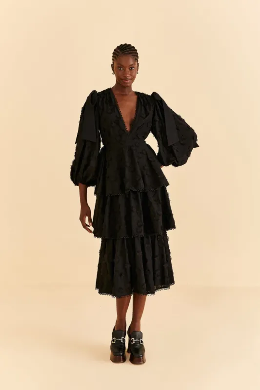 Black Flowers Textured Tiered Midi Dress sold by FARM Rio
