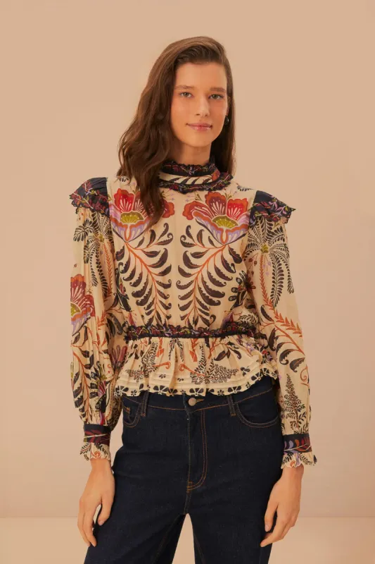 Classic Nature Sand Ruffled Long Sleeve Blouse sold by FARM Rio