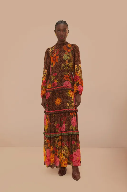 Brown Charming Garden Long Sleeve Maxi Dress made by FARM Rio