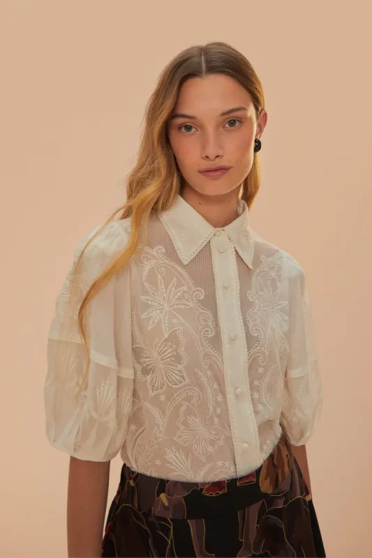 White Embroidered Short Sleeve Blouse sold by FARM Rio