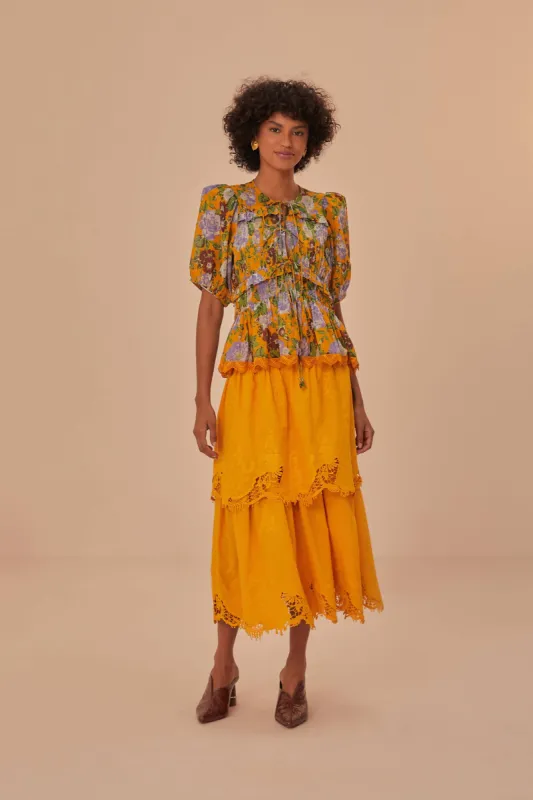 Yellow Mustard Tiered Lace Midi Skirt sold by FARM Rio