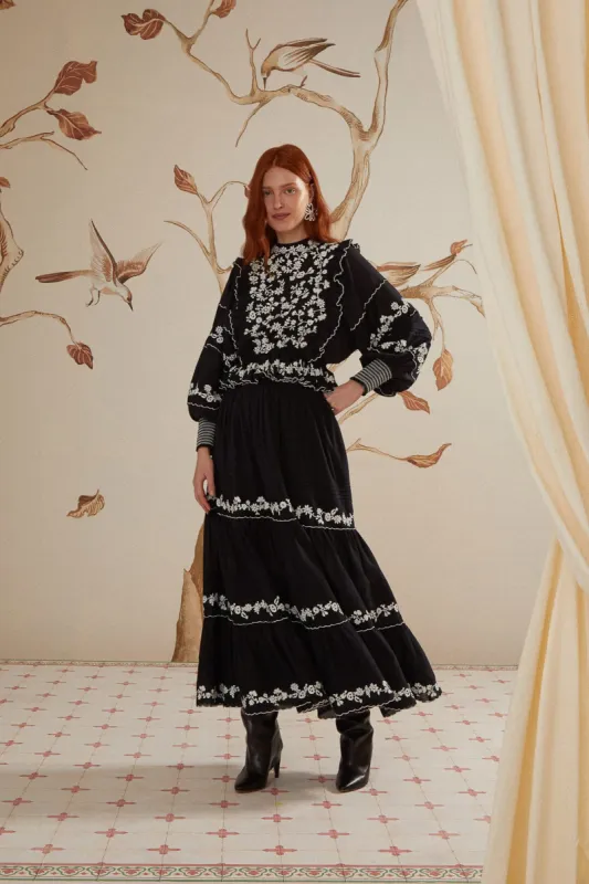 Black Embroidered Ruffle Maxi Skirt sold by FARM Rio