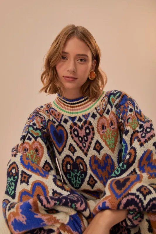 Cream Hearts Ikat Knit Sweater sold by FARM Rio