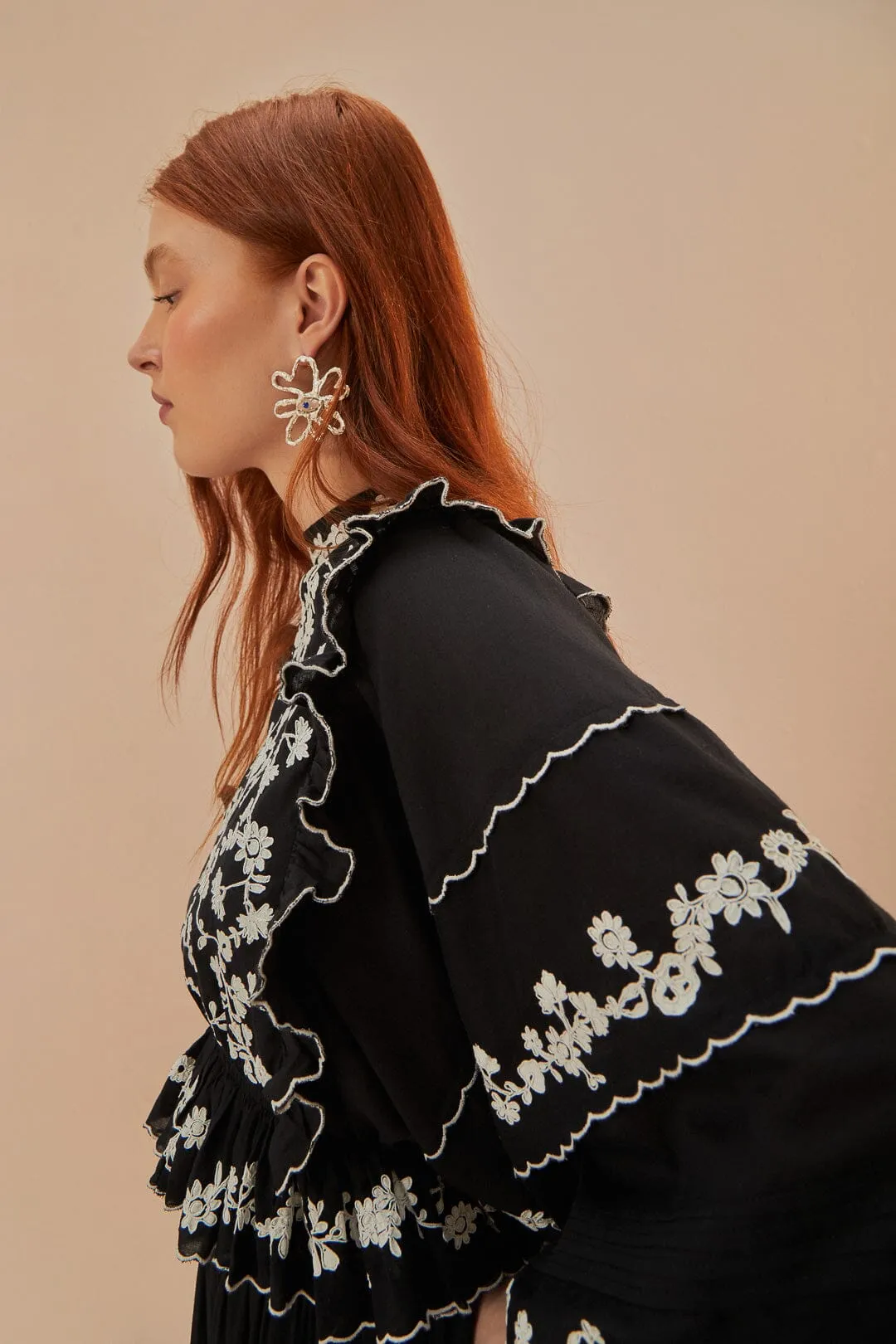 Black Embroidered Ruffle Longe Sleeve Blouse sold by FARM Rio product image thumbnail 3