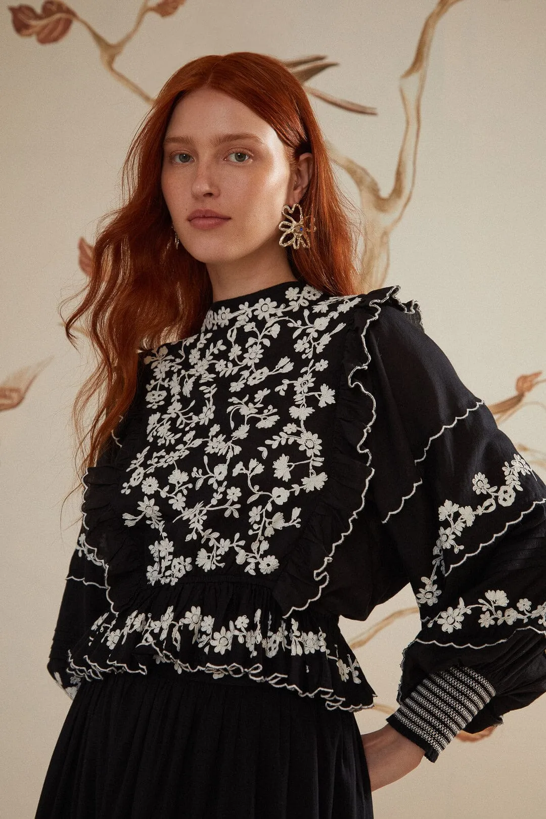 Black Embroidered Ruffle Longe Sleeve Blouse sold by FARM Rio