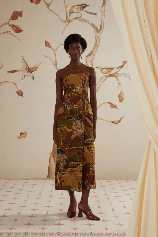 Savana Dream Caramel Strapless Buttonned Midi Dress made by FARM Rio