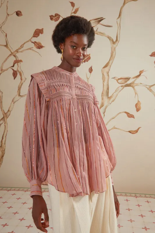 Light Pink Pleated Yoke Long Sleeve Blouse sold by FARM Rio