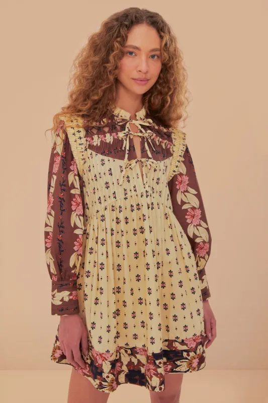 Ainika Maxi Floral Cream Open Yoke Mini Dress made by FARM Rio