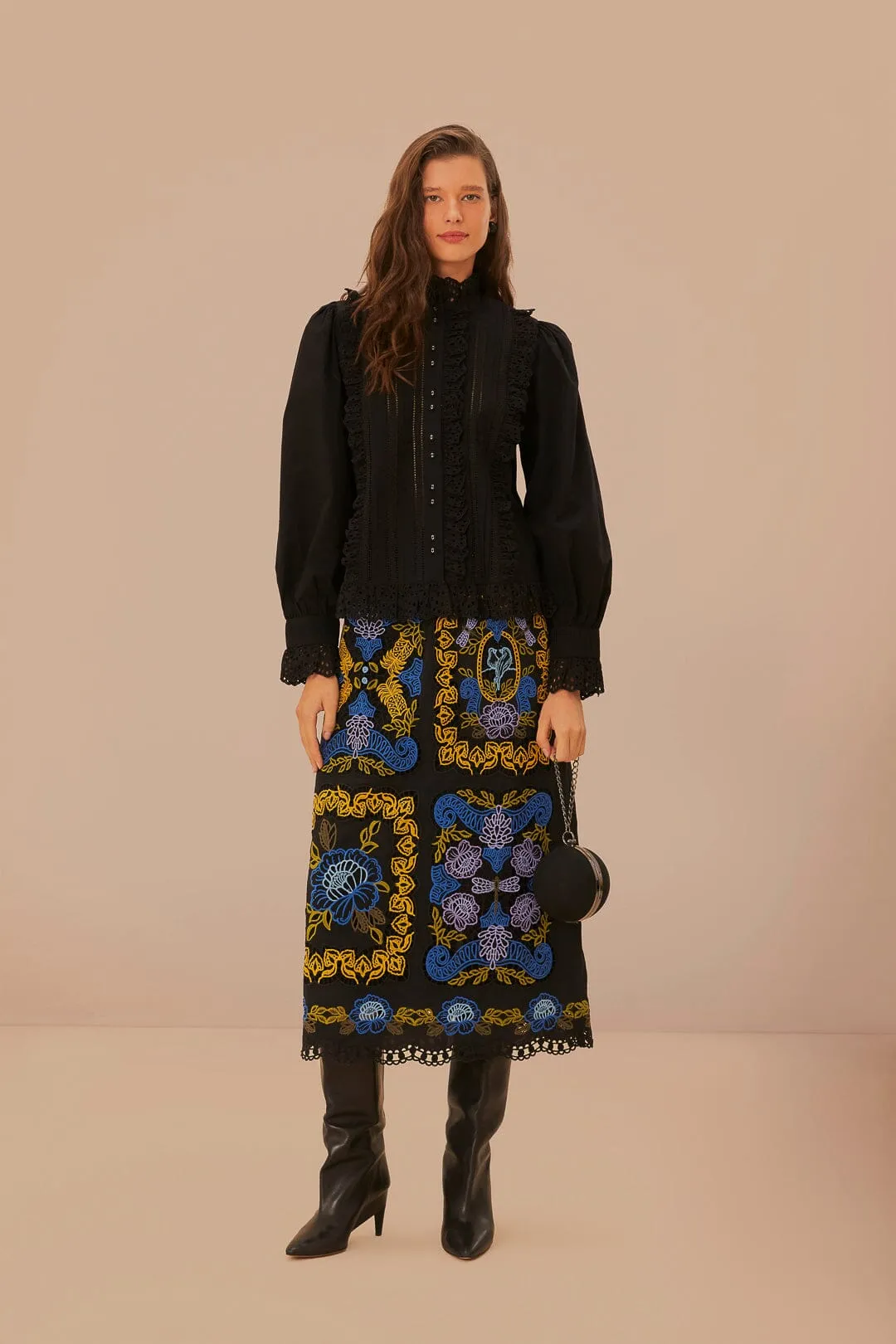 Black Richelieu Midi Skirt sold by FARM Rio