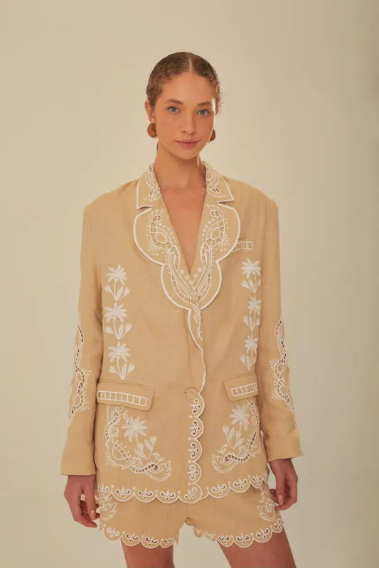Khaki Embroidered Euroflax™ Premium Linen Blazer sold by FARM Rio