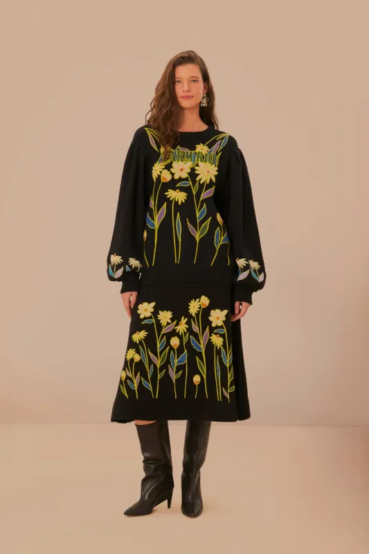 Black Farm Rio Flowers Embroidered Knit Skirt sold by FARM Rio