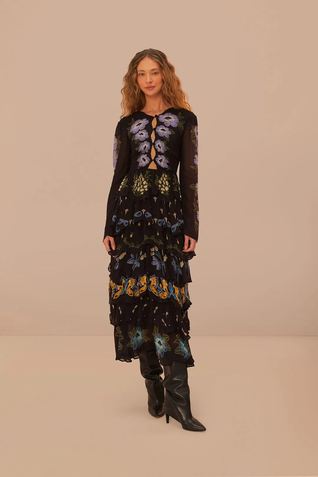 Black Winter Garden Ruffle Maxi Dress sold by FARM Rio