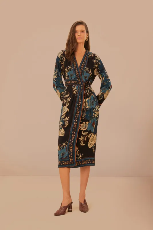 Black Blossom Tapestry LENZING™ ECOVERO™ Viscose Midi Wrap Dress sold by FARM Rio