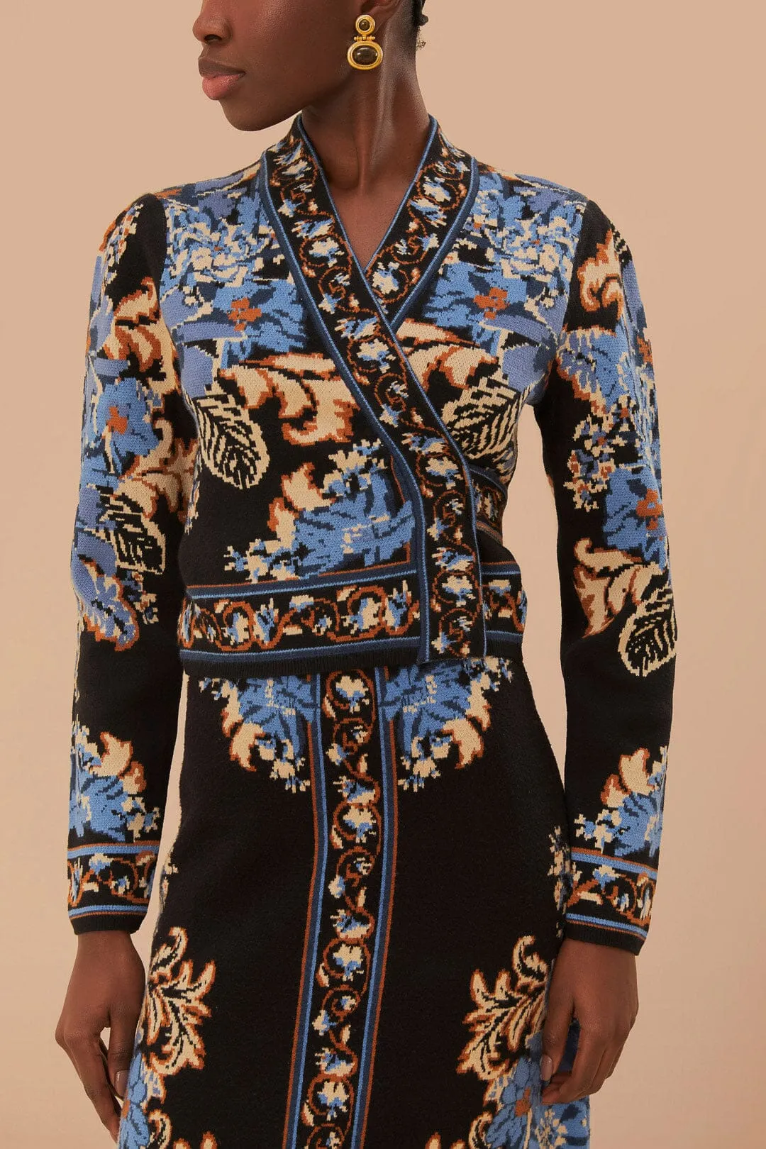 Black Blossom Tapestry Knit Wrap Blouse sold by FARM Rio product image thumbnail 4