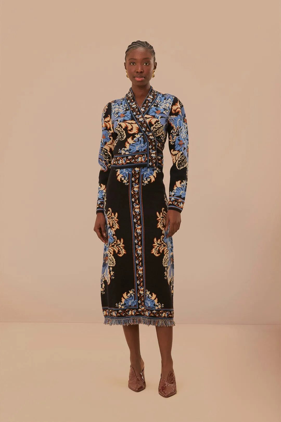 Black Blossom Tapestry Knit Wrap Blouse sold by FARM Rio