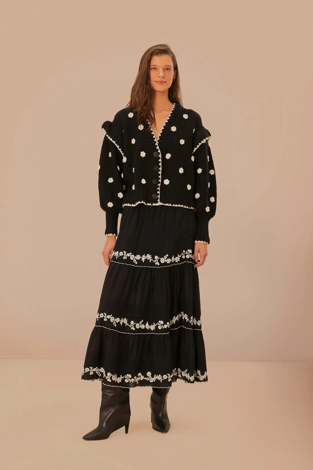 Black And White Flowers Knit Cardigan sold by FARM Rio