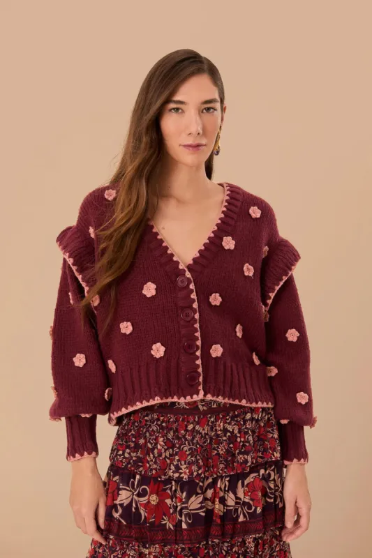 Burgundy Crochet Flowers Knit Cardigan sold by FARM Rio