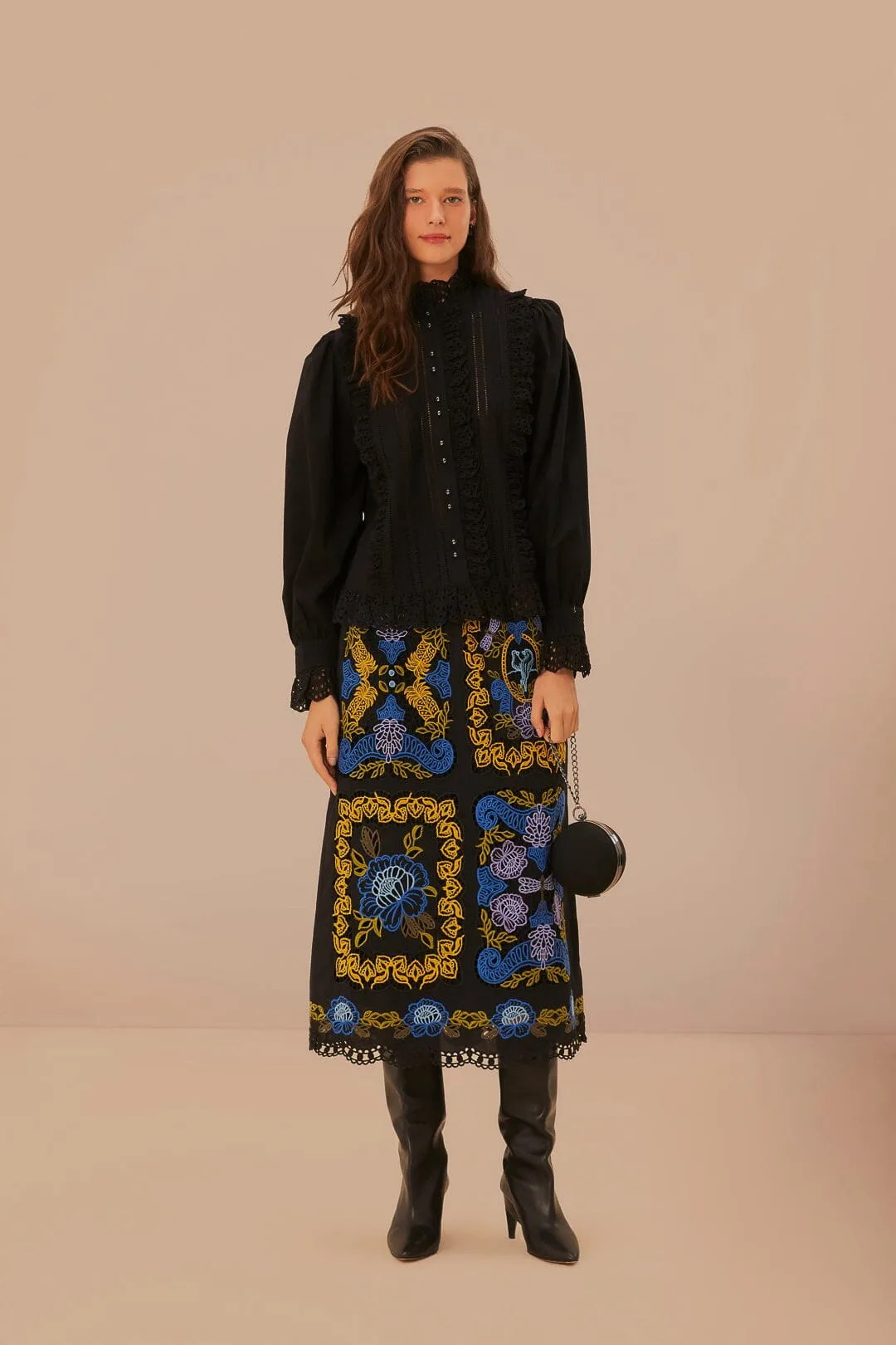 Black Lace And Pleat Blouse sold by FARM Rio