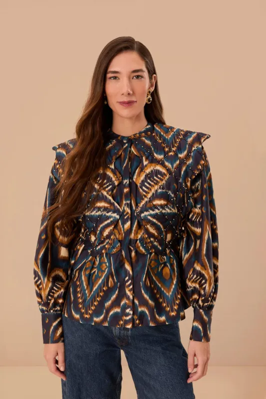 Blue Pineapple Ikat Long Sleeve Matelasse Blouse sold by FARM Rio