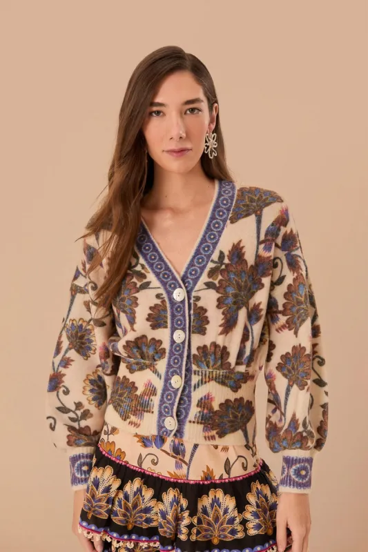Cream Ainika Maxi Floral Knit Cardigan sold by FARM Rio