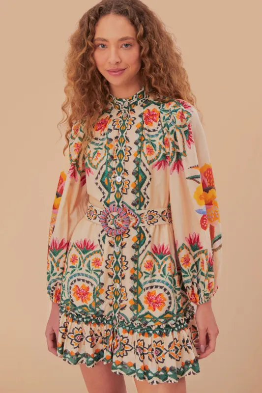 Cream Lucy Floral Tapestry Long Sleeve Mini Dress sold by FARM Rio