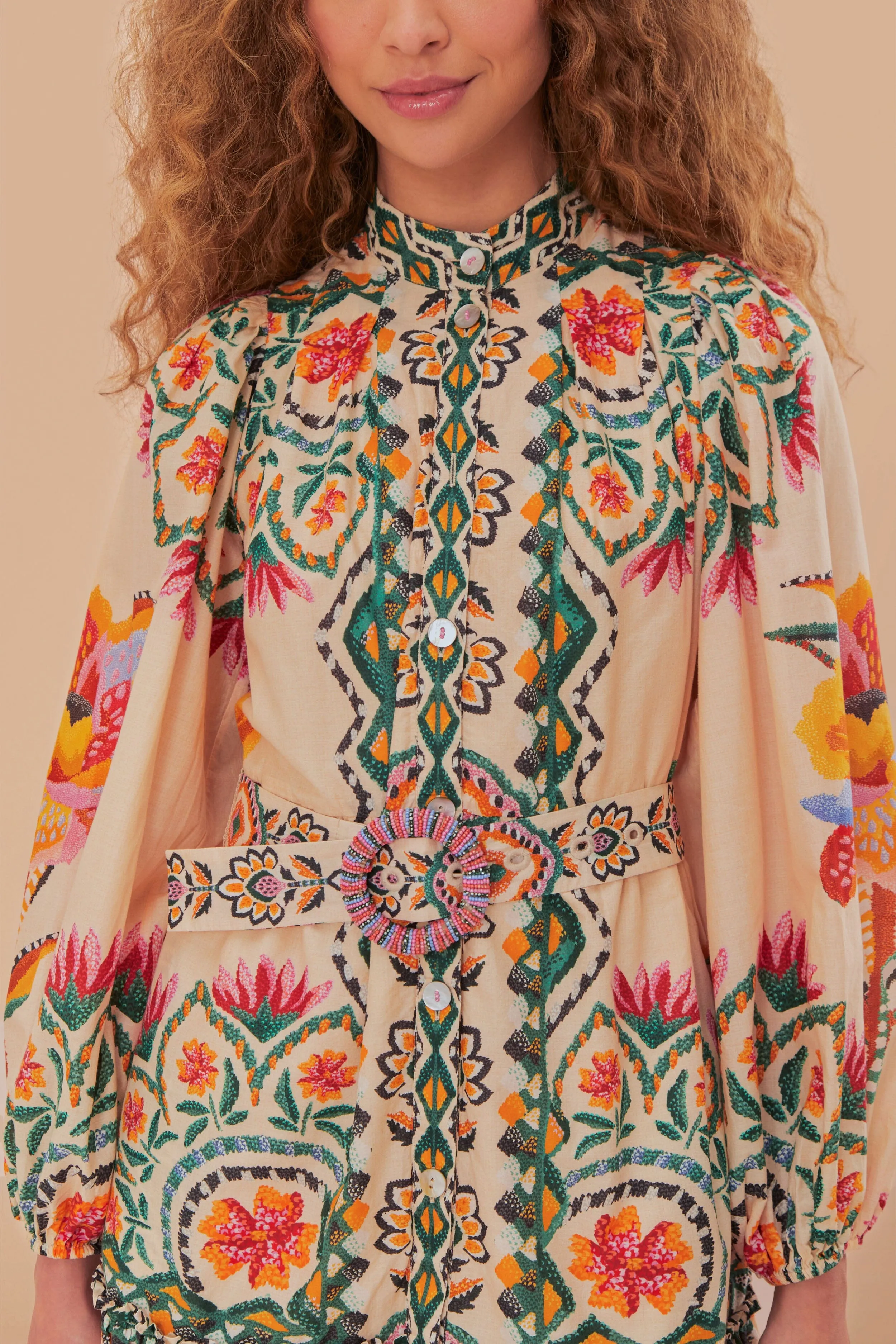 Cream Lucy Floral Tapestry Long Sleeve Mini Dress sold by FARM Rio product image thumbnail 3