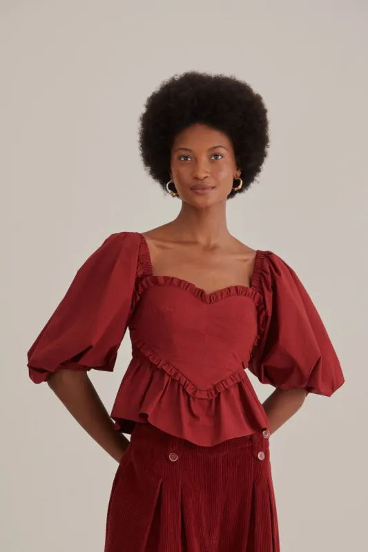 Marsala Heart Shaped Puff Sleeve Blouse sold by FARM Rio