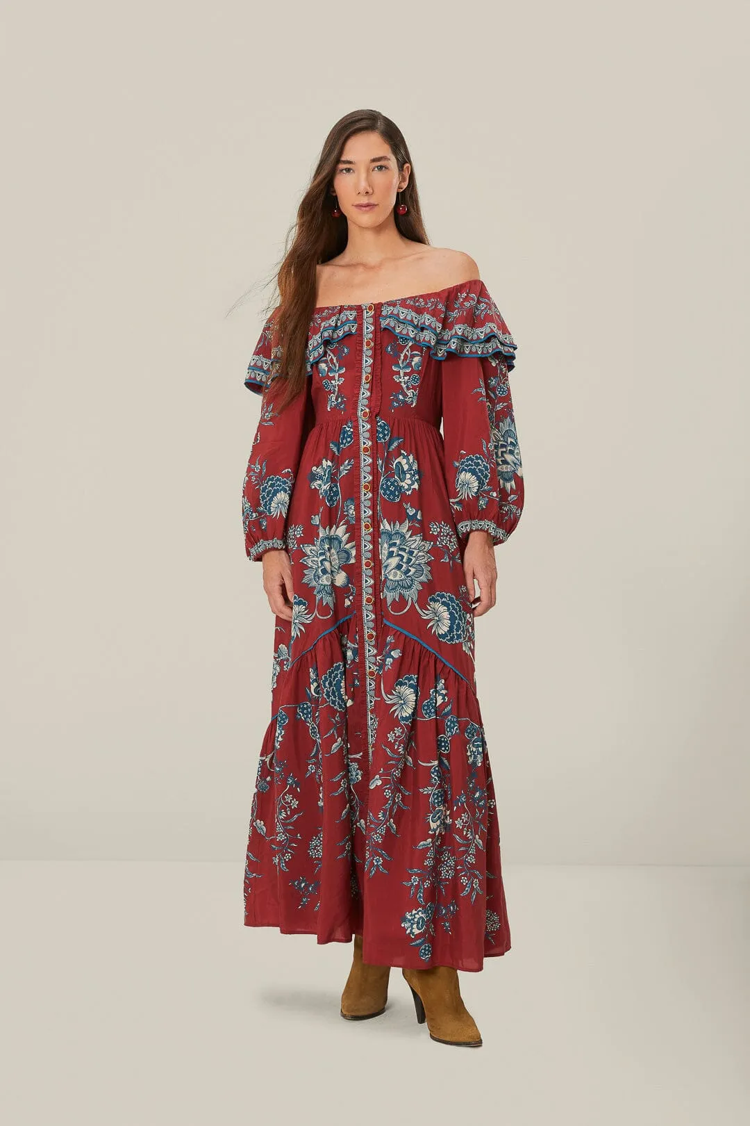 Red Tropical Landing Off Shoulder Maxi Dress sold by FARM Rio