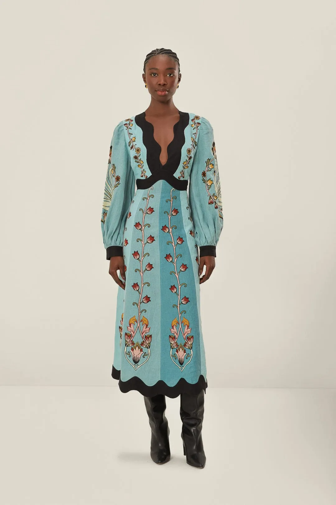 Blue Flowing Beauty Embroidered Long Sleeve Midi Dress sold by FARM Rio