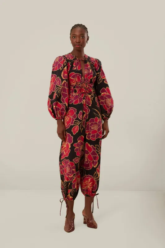 Black Shiny Chita Long Sleeve V Neckline Jumpsuit sold by FARM Rio