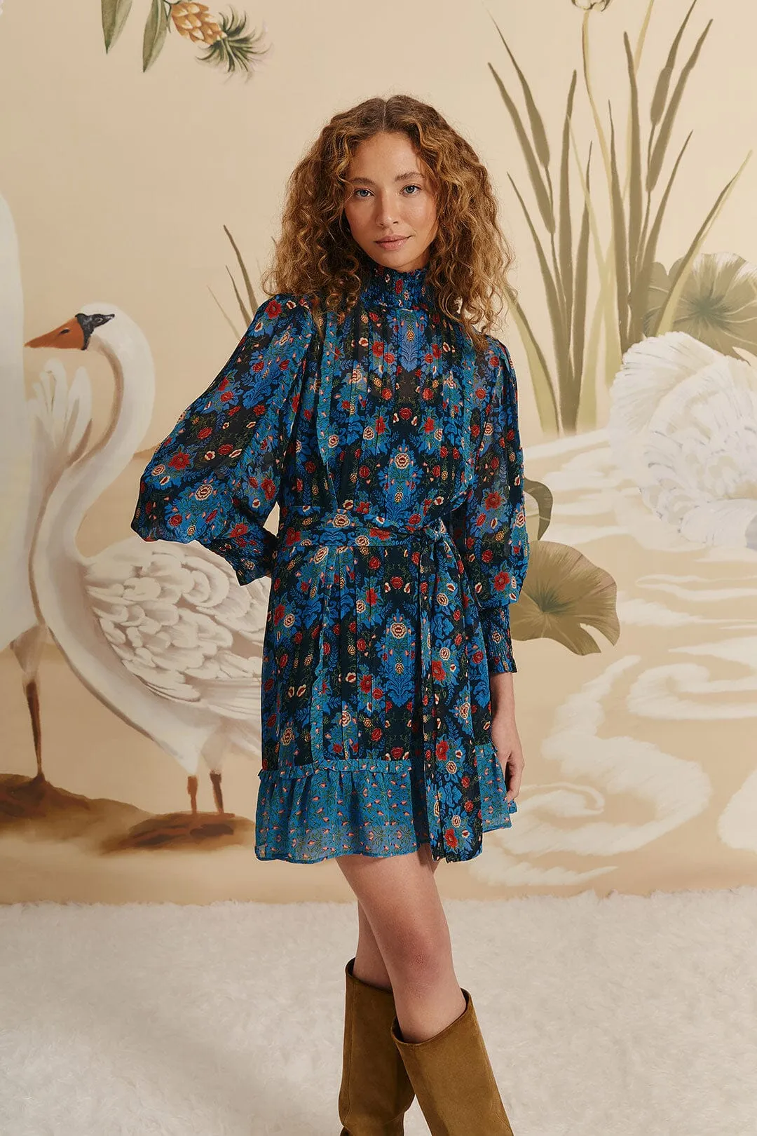 Blue Arabesque Floral High Neck Mini Dress sold by FARM Rio