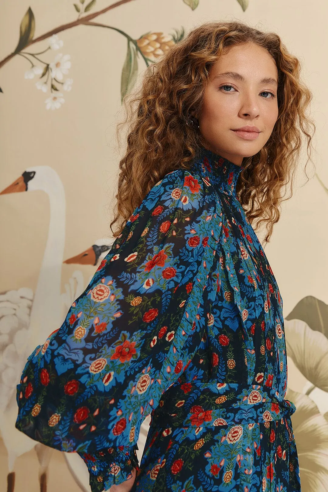 Blue Arabesque Floral High Neck Mini Dress sold by FARM Rio product image thumbnail 3