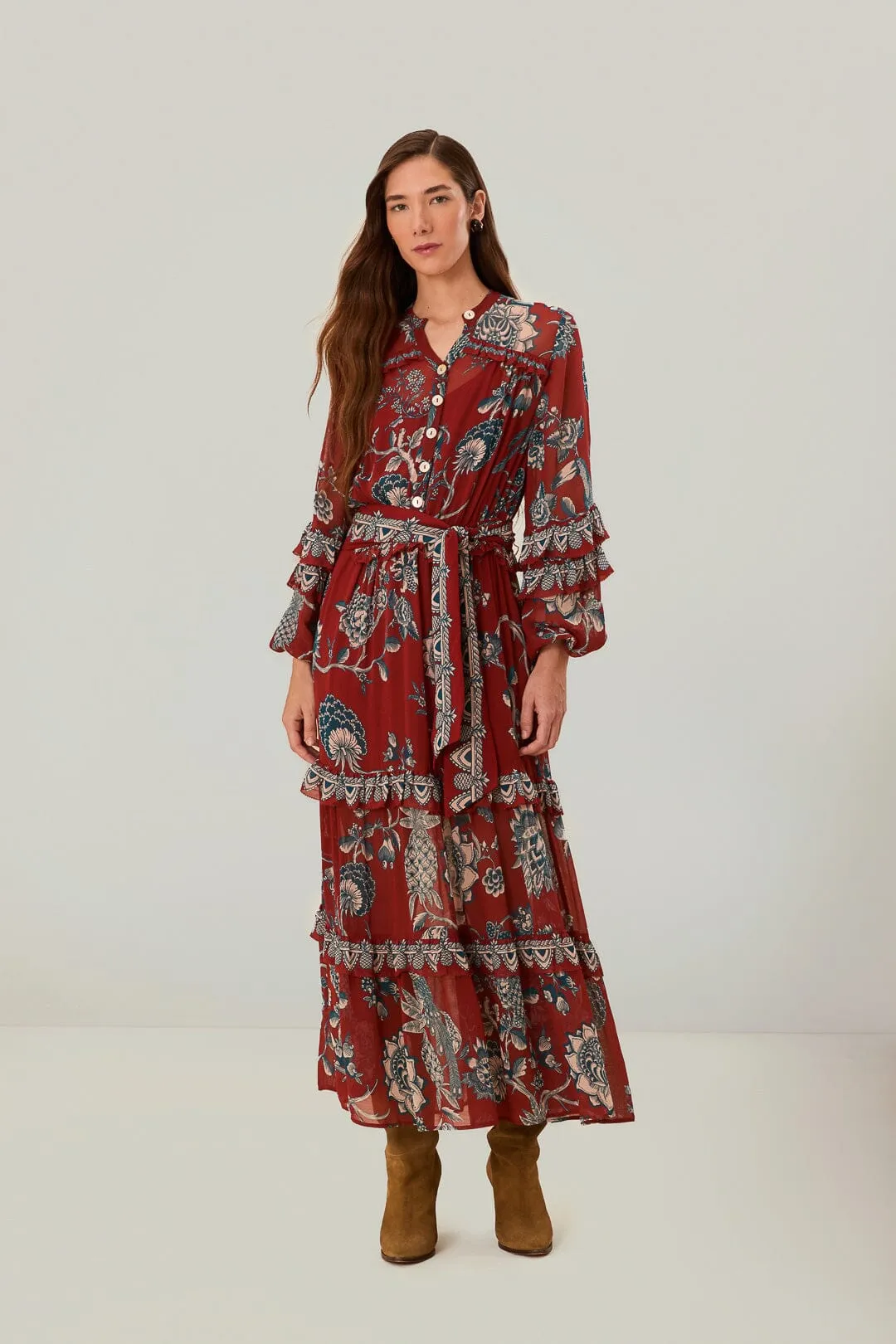 Red Tropical Landing Maxi Dress sold by FARM Rio