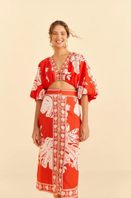 Red Lace Monsteras Midi Skirt sold by FARM Rio