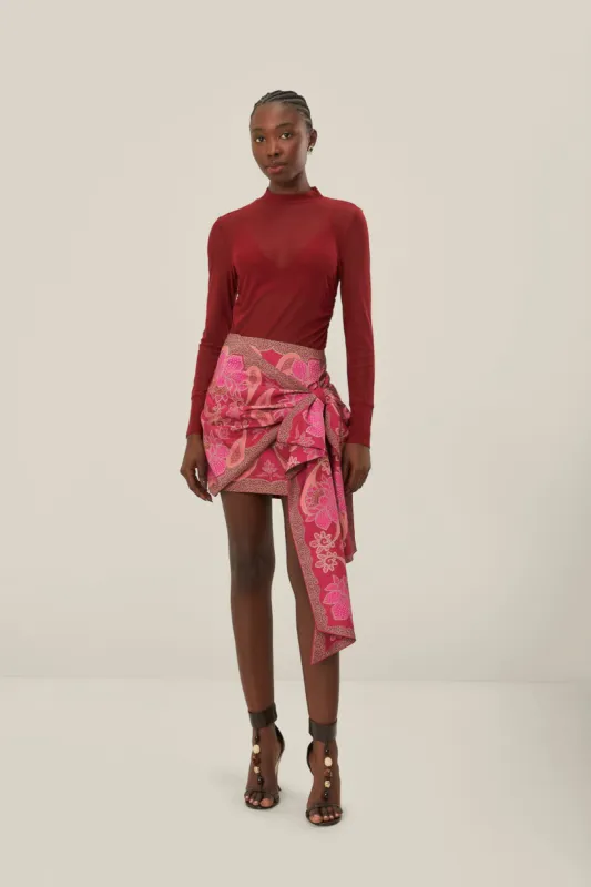 Red Floral Glam Scarf Tie Gathering Mini Skirt sold by FARM Rio