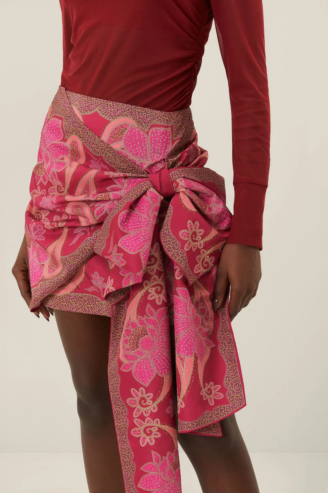 Red Floral Glam Scarf Tie Gathering Mini Skirt sold by FARM Rio product image thumbnail 2