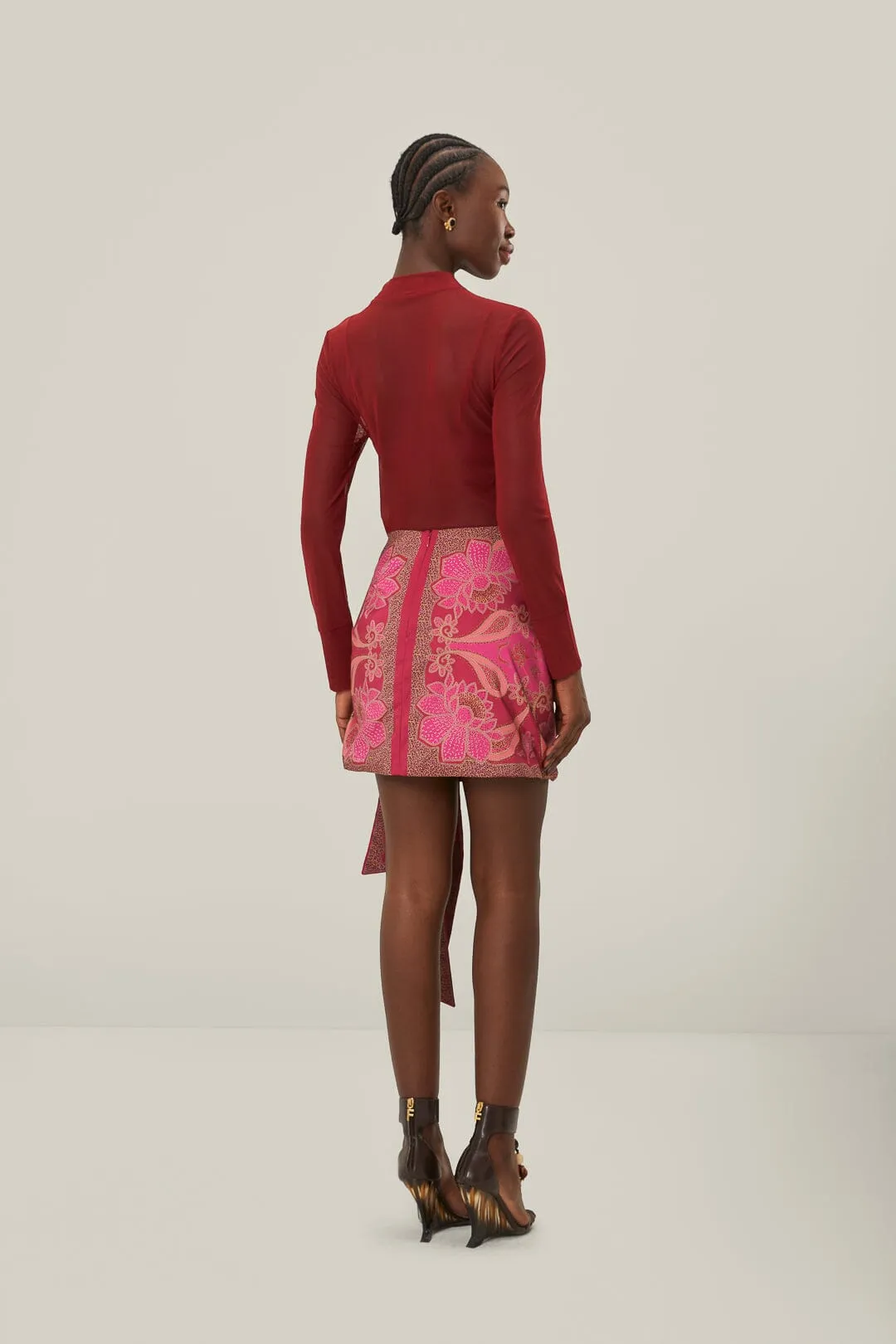 Red Floral Glam Scarf Tie Gathering Mini Skirt sold by FARM Rio product image thumbnail 4