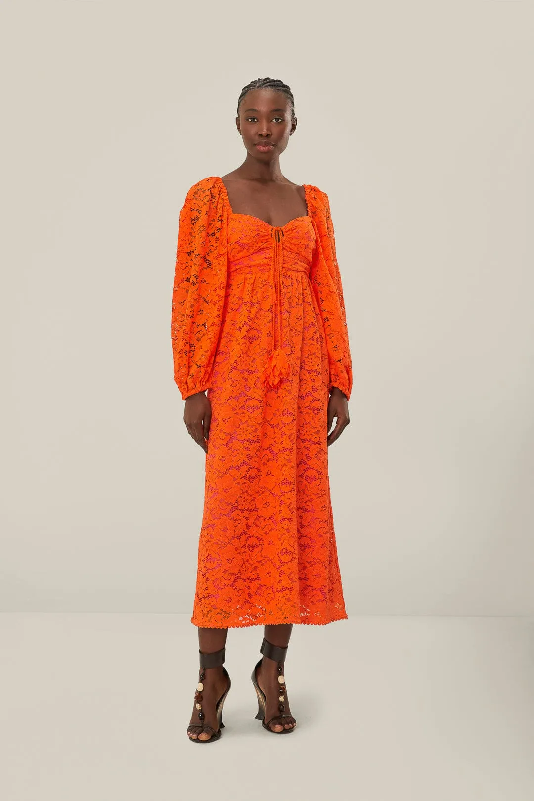 Orange Lace Long Sleeve Midi Dress sold by FARM Rio