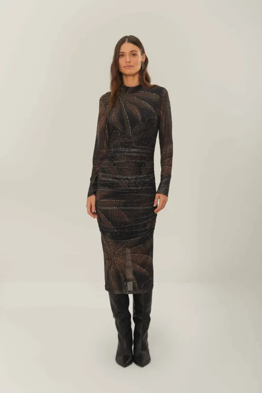 Black Golden Foliage Tulle Midi Dress sold by FARM Rio